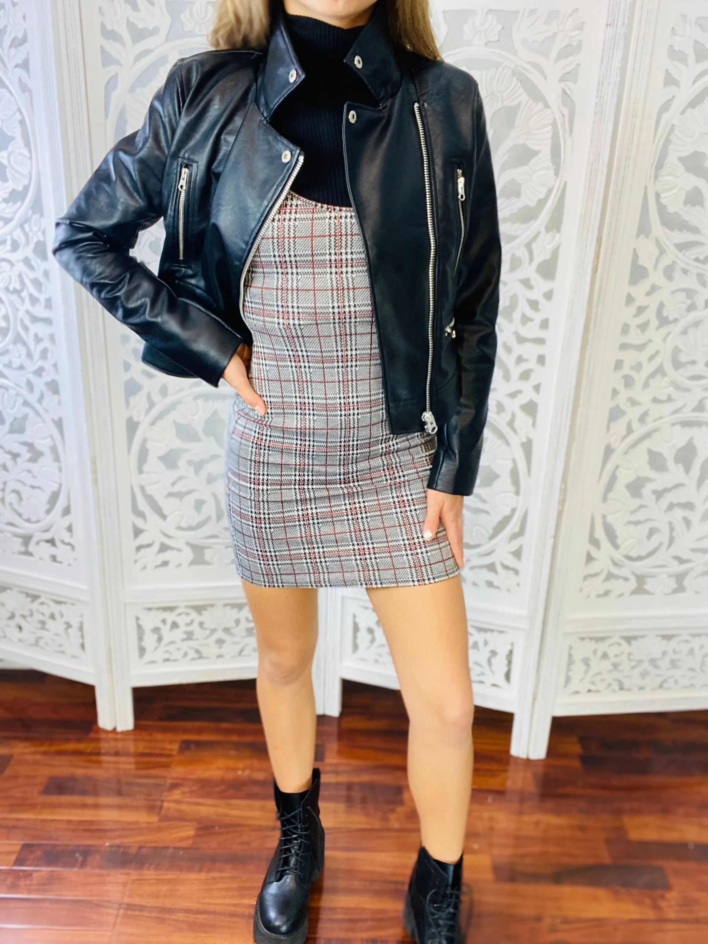 ABC Plaid Spaghetti Strap Mini Dress Only-Turtleneck is Separate
