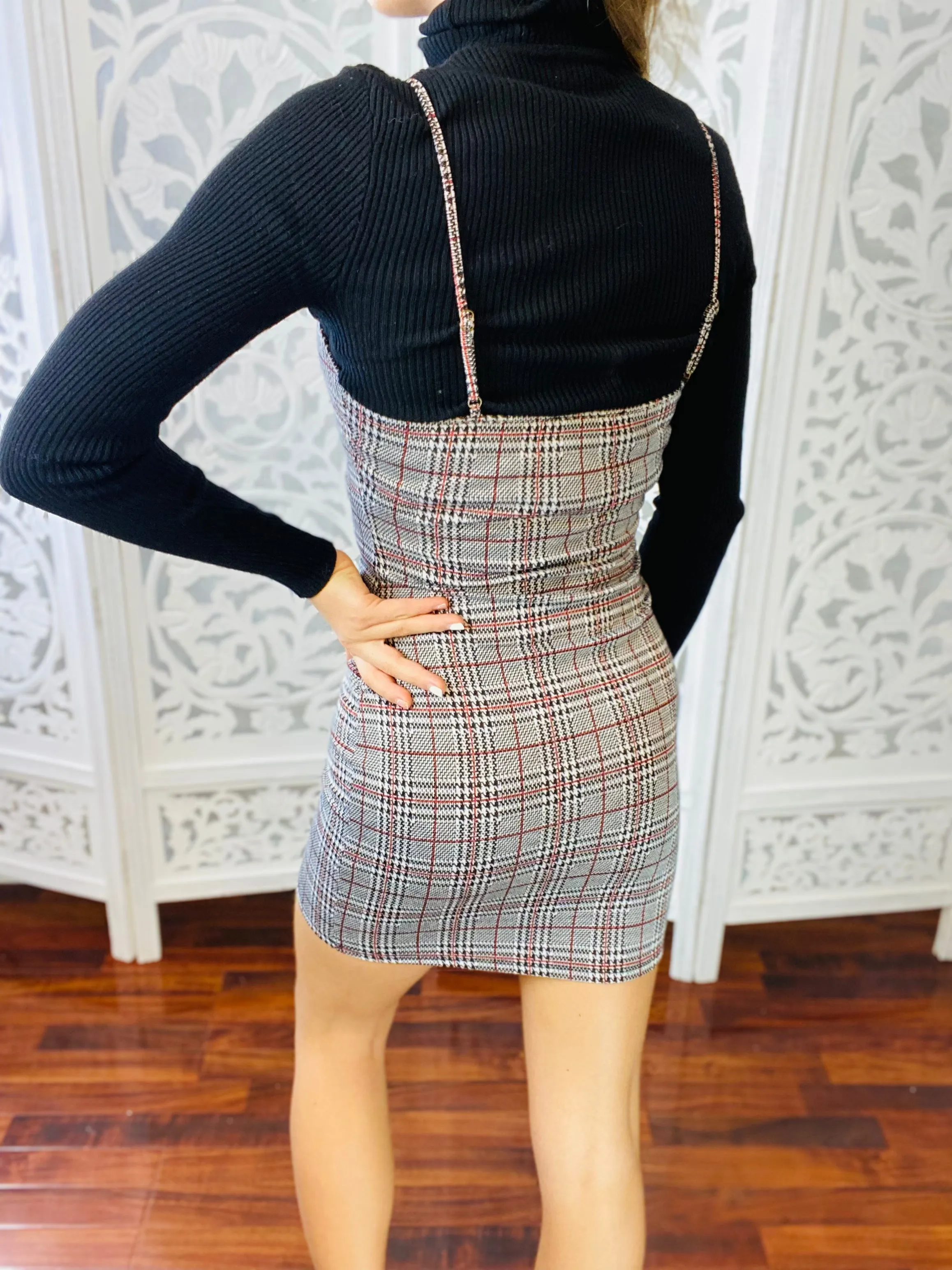 ABC Plaid Spaghetti Strap Mini Dress Only-Turtleneck is Separate