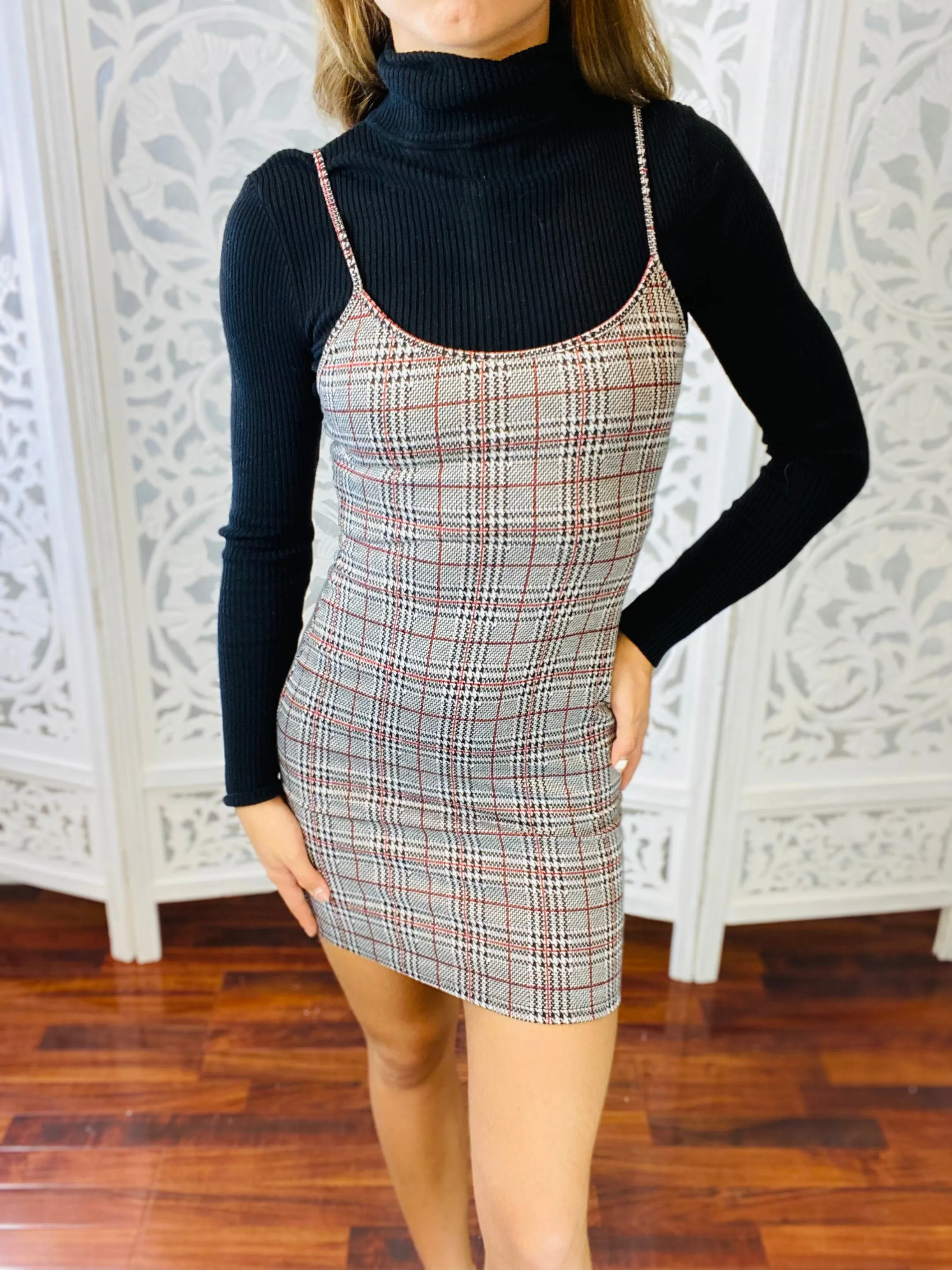 ABC Plaid Spaghetti Strap Mini Dress Only-Turtleneck is Separate
