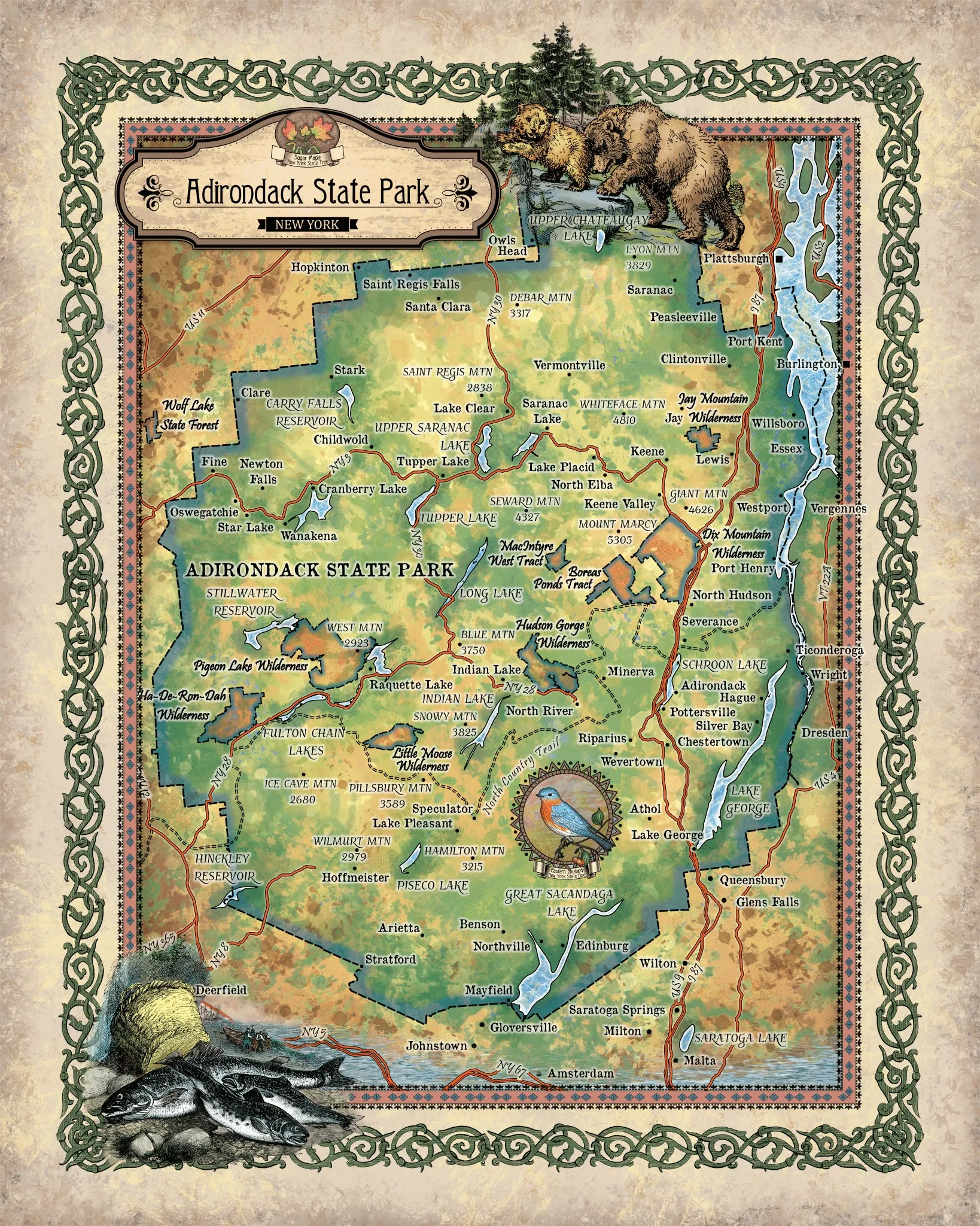 Adirondack State Park Antique Map Art Blanket Throw Sherpa Fleece Vintage Artwork Blanket For Bed Sofa Couch Winter Travel Gift