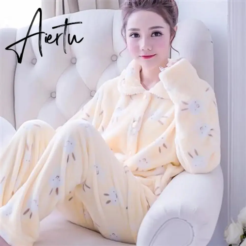Aiertu Women's Winter Pajamas Set Turn-down Collar Sexy Flower Embroidery Sleepwear Warm Flannel Pajama Casual Mom Big Size Homewear