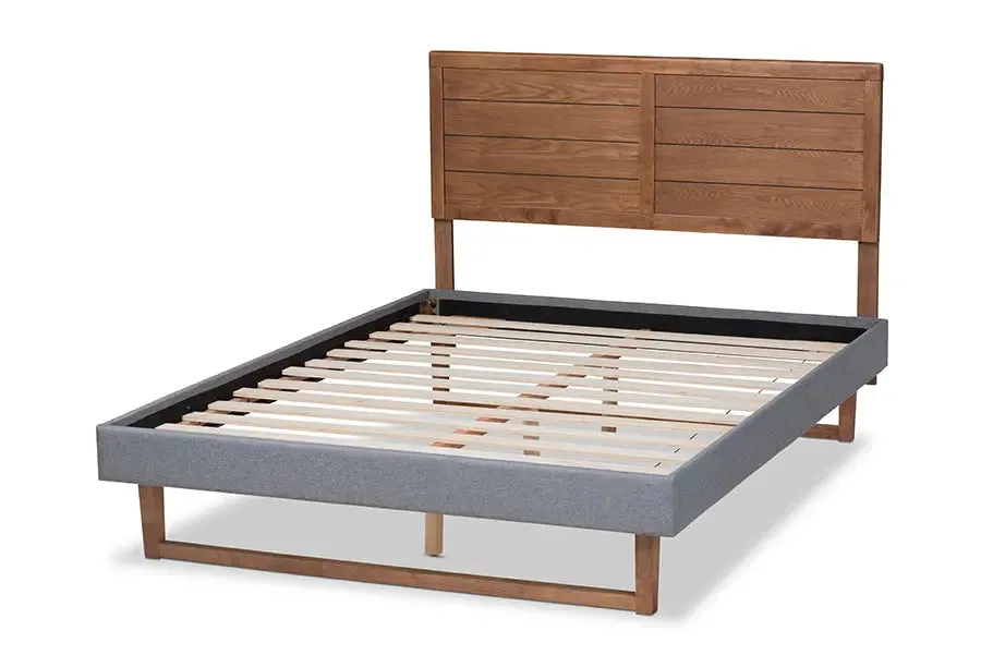 Anna Dark Gray Fabric Ash Walnut Brown Wood Platform Bed (Queen)