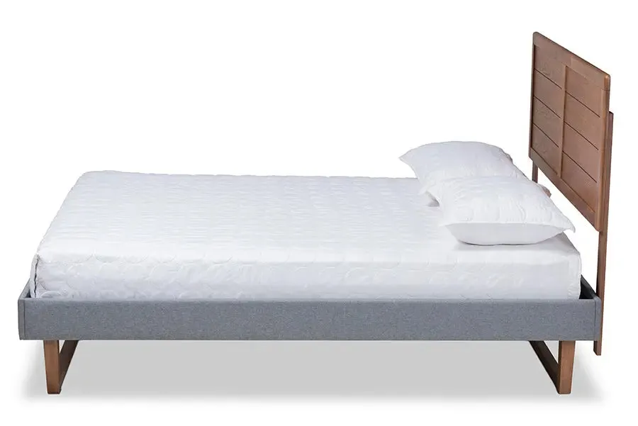 Anna Dark Gray Fabric Ash Walnut Brown Wood Platform Bed (Queen)