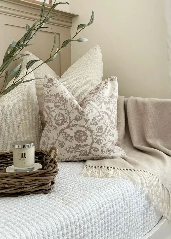 Aria Beige Country Floral Print Cotton Cushion Cover - 45cm x 45cm