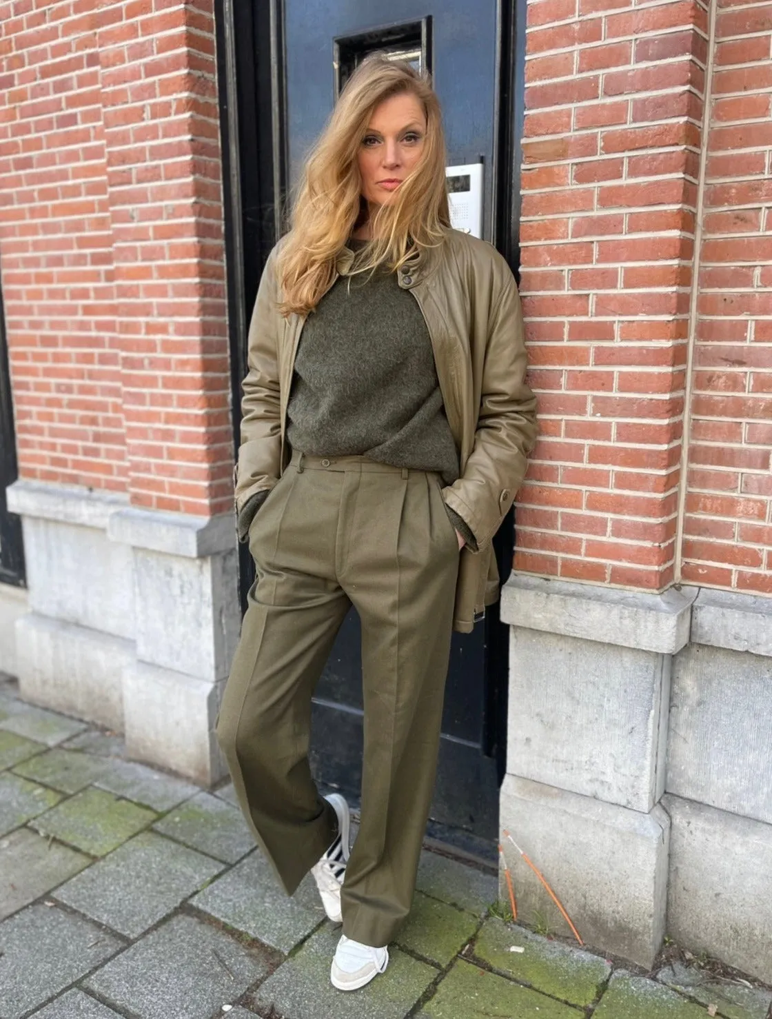 Army green soft leather jacket.