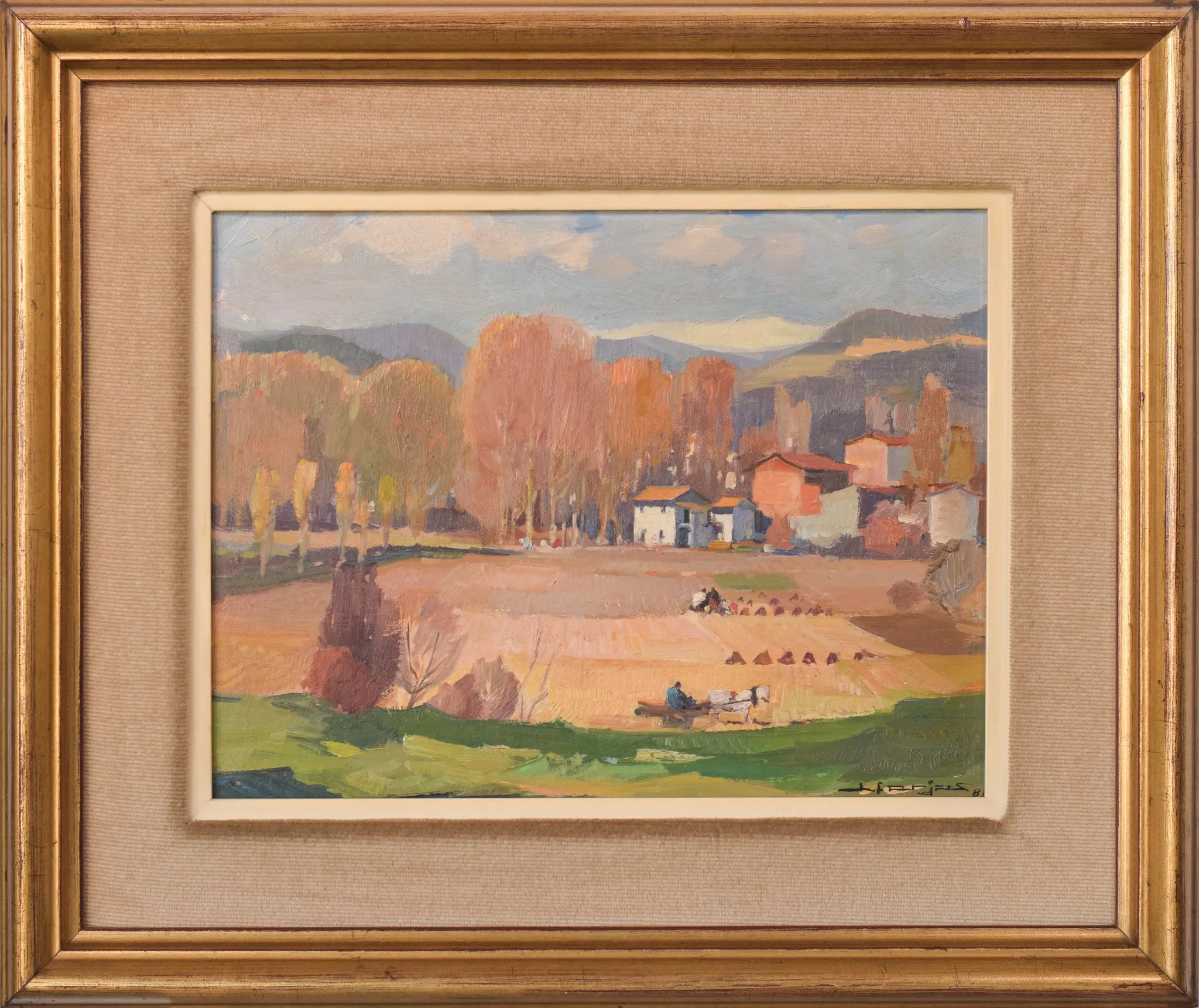 Autumnal Village and Meadow - Oil on board