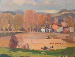 Autumnal Village and Meadow - Oil on board