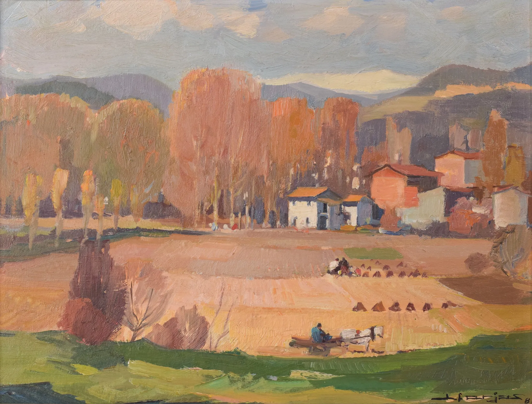 Autumnal Village and Meadow - Oil on board
