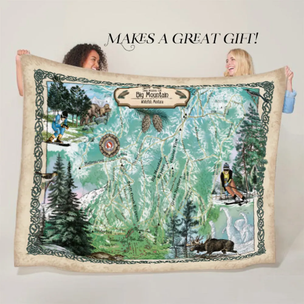Big Mountain Ski Runs Whitefish Montana Map Blanket Double Stitched Edges Luxury Fluffy Super Soft 430 GSM Polyester Throw Blanket.
