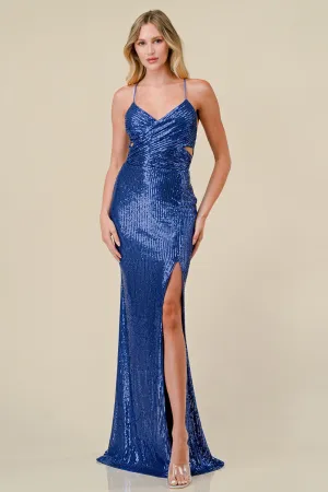 Blue Sequin Embellished V-Wrap Mermaid Maxi Dress