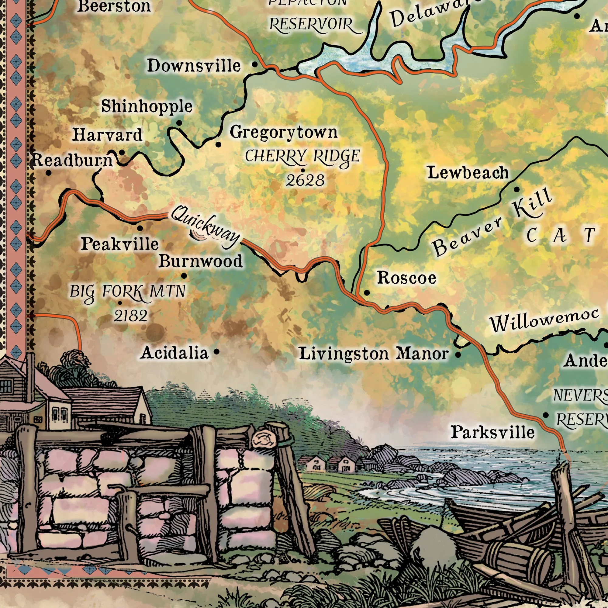 Catskill Mountains Antique Map Art Blanket Throw Sherpa Fleece Vintage Artwork Blanket For Bed Sofa Couch Gift & Winter Travel