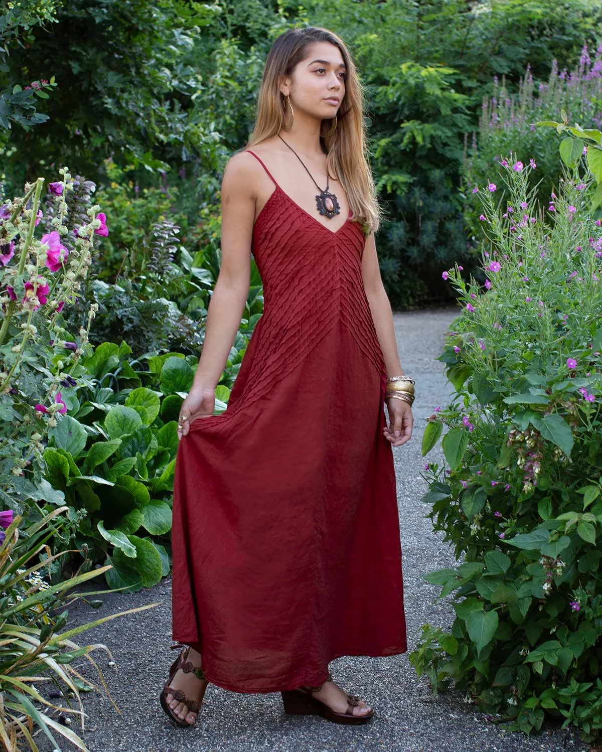 Cotton Two Leaves Dress Maroon