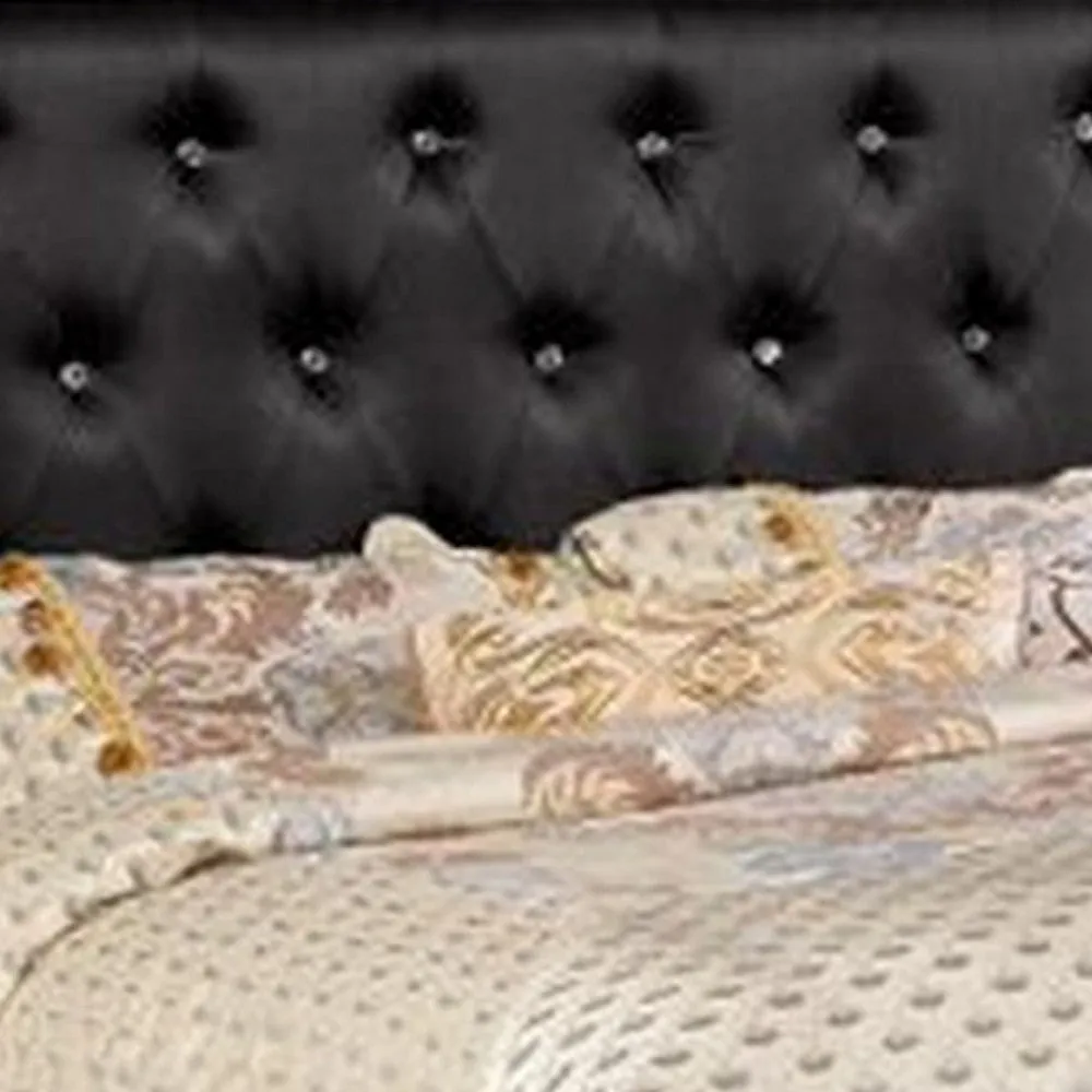 Eli Crystal Tufted Queen Bed, LED, Mirrored Inlays, Wood, Velvet, Black By Casagear Home