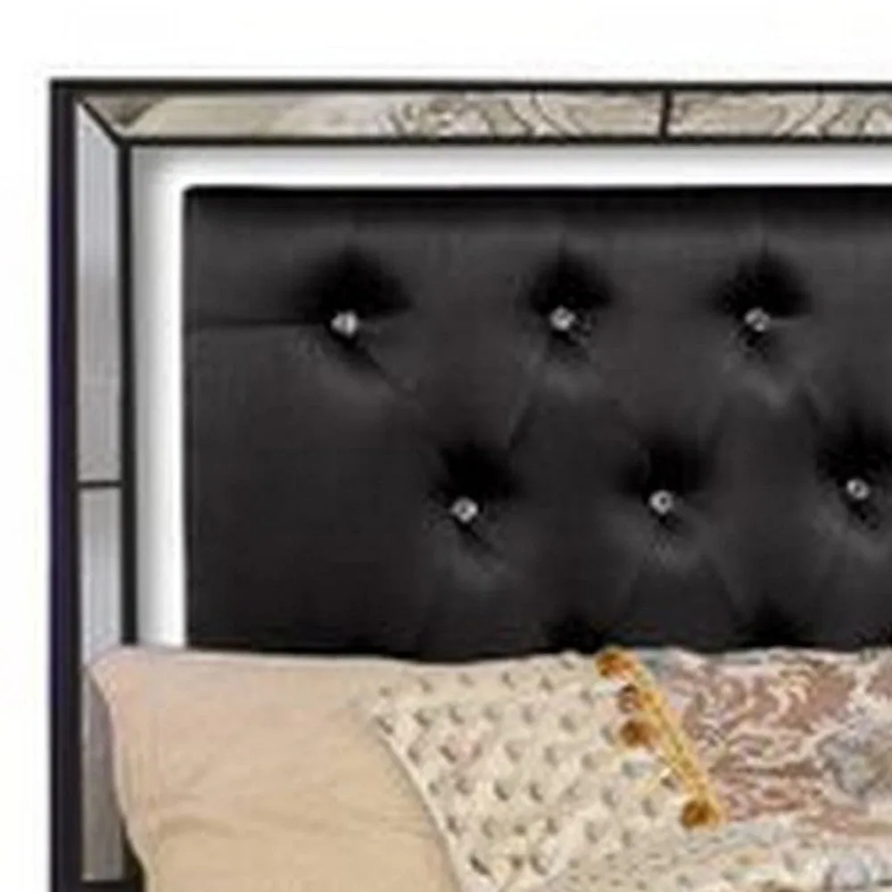 Eli Crystal Tufted Queen Bed, LED, Mirrored Inlays, Wood, Velvet, Black By Casagear Home