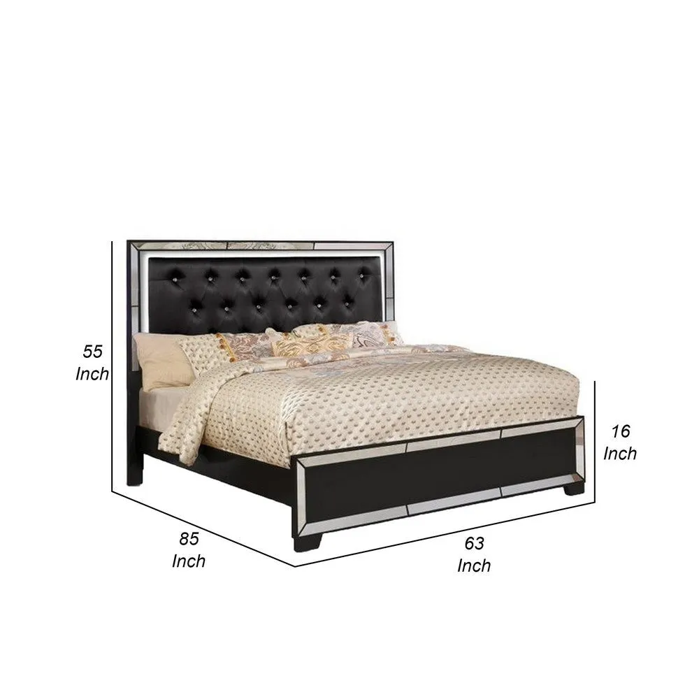 Eli Crystal Tufted Queen Bed, LED, Mirrored Inlays, Wood, Velvet, Black By Casagear Home