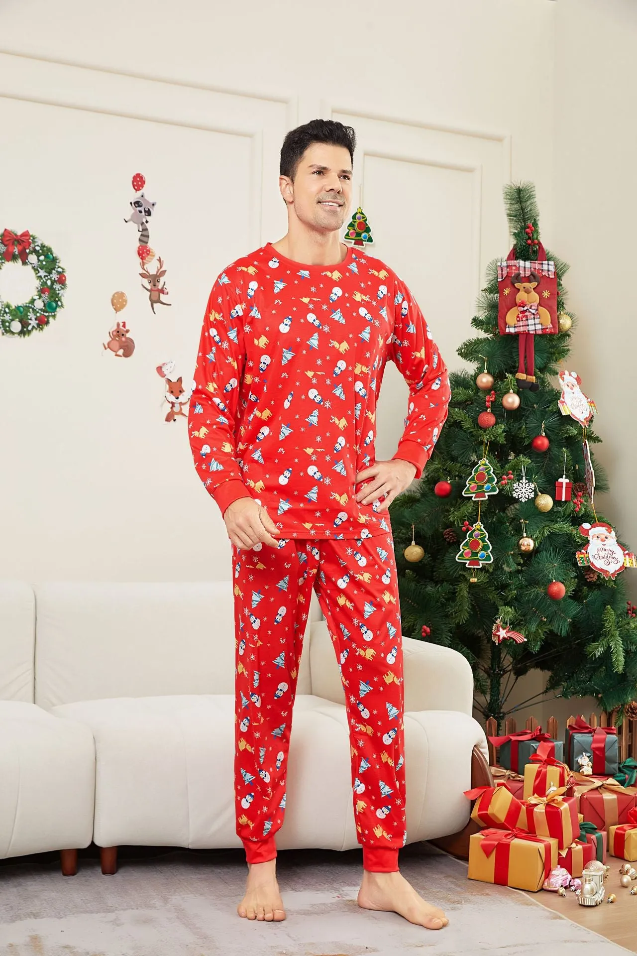Family Parent-Child Christmas Tree Snowman Deer Printed Pajamas Set