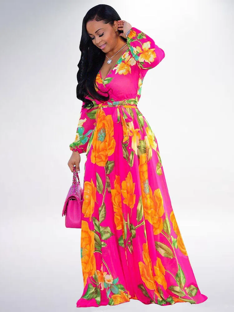 Floral Print Pleated Maxi Dresses