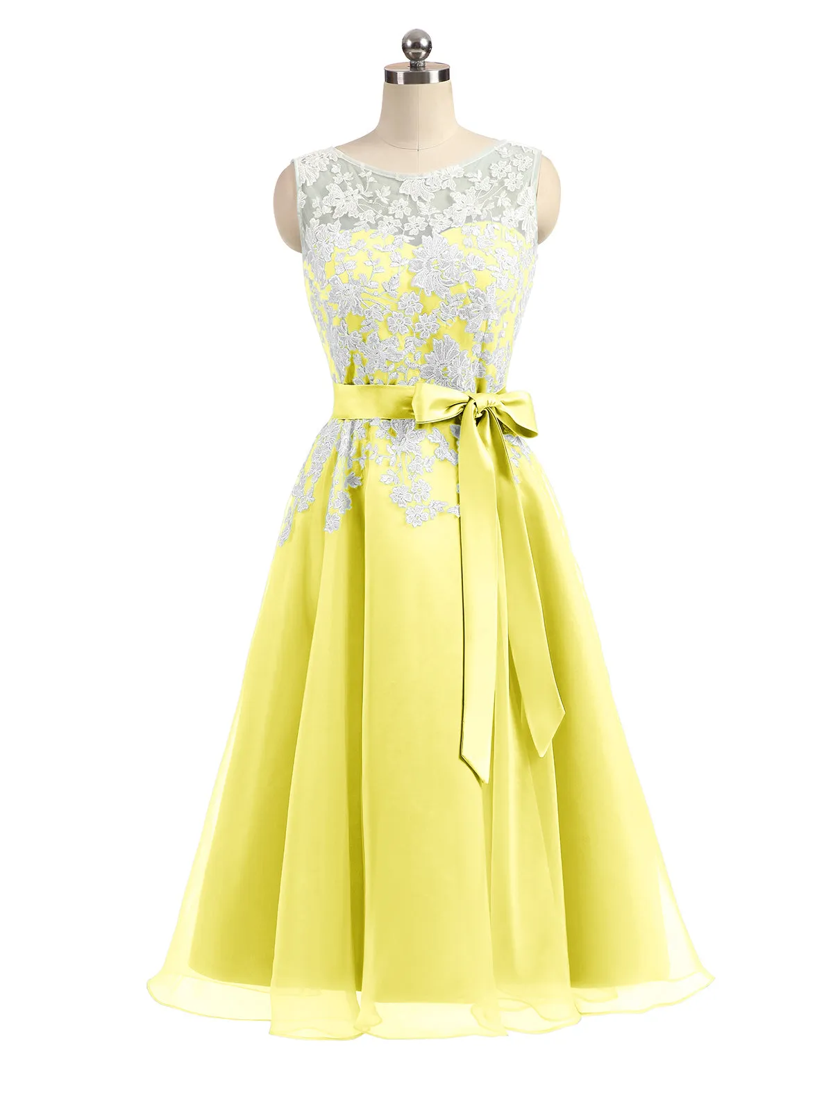 Illusion Neck Organza with Ivory Lace Appliqued Lemon Plus Size