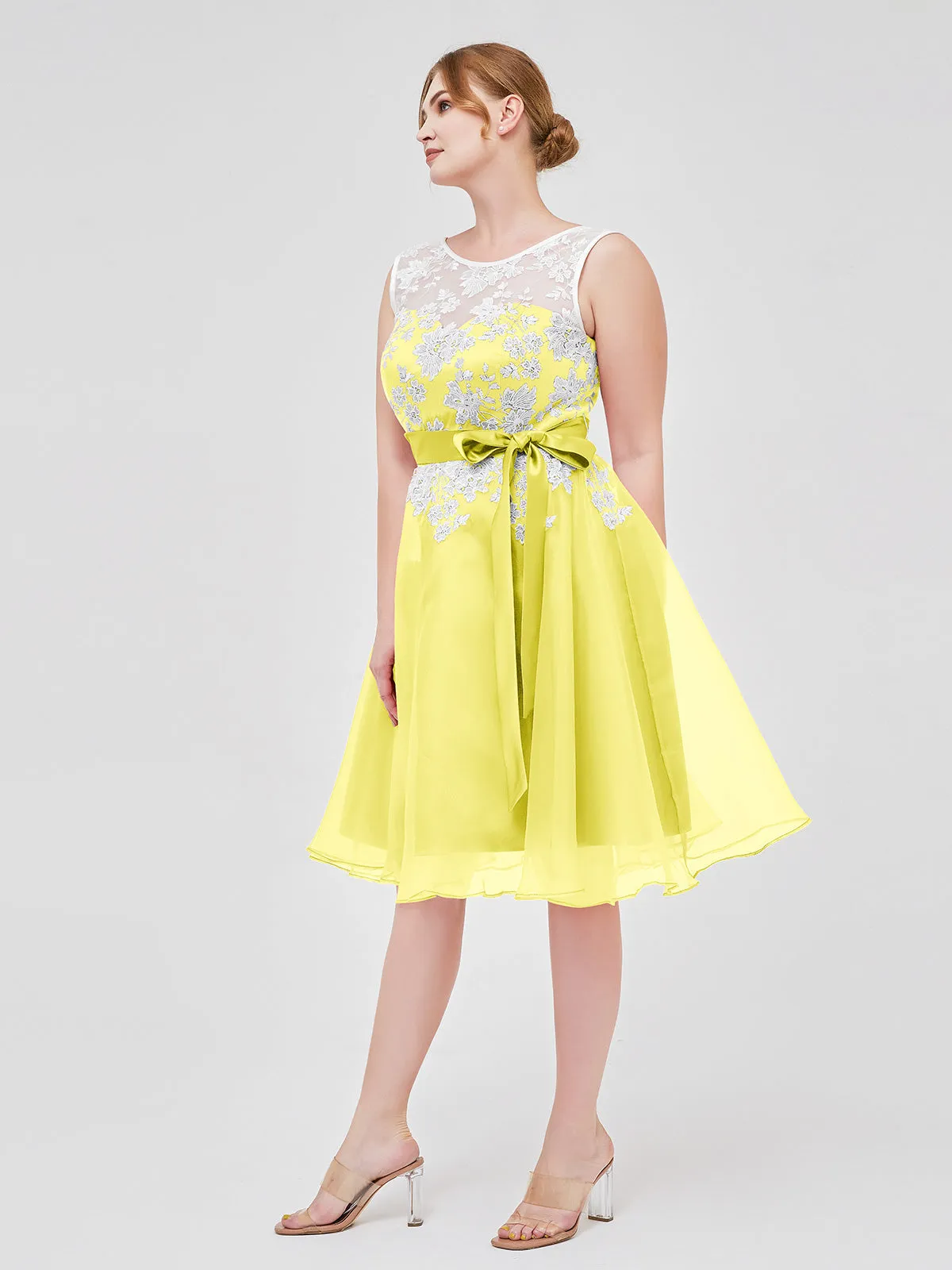 Illusion Neck Organza with Ivory Lace Appliqued Lemon Plus Size