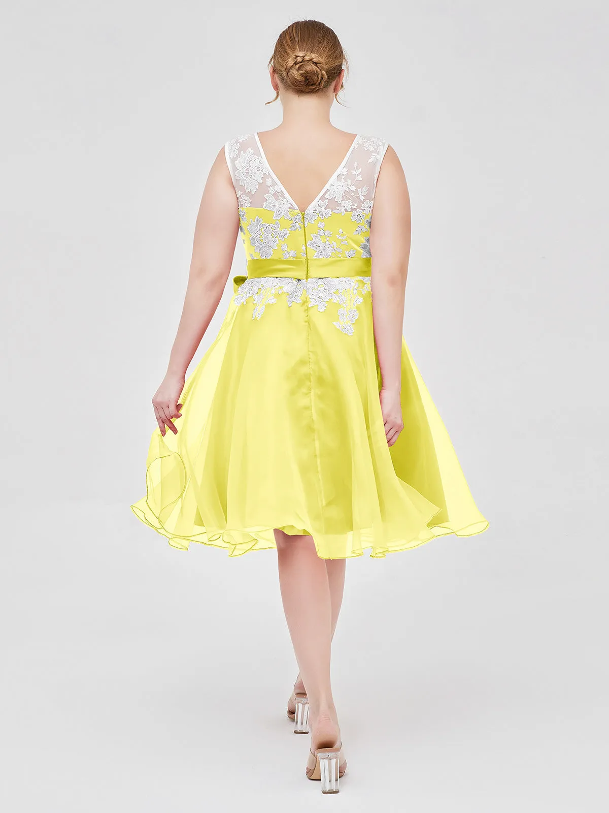 Illusion Neck Organza with Ivory Lace Appliqued Lemon Plus Size