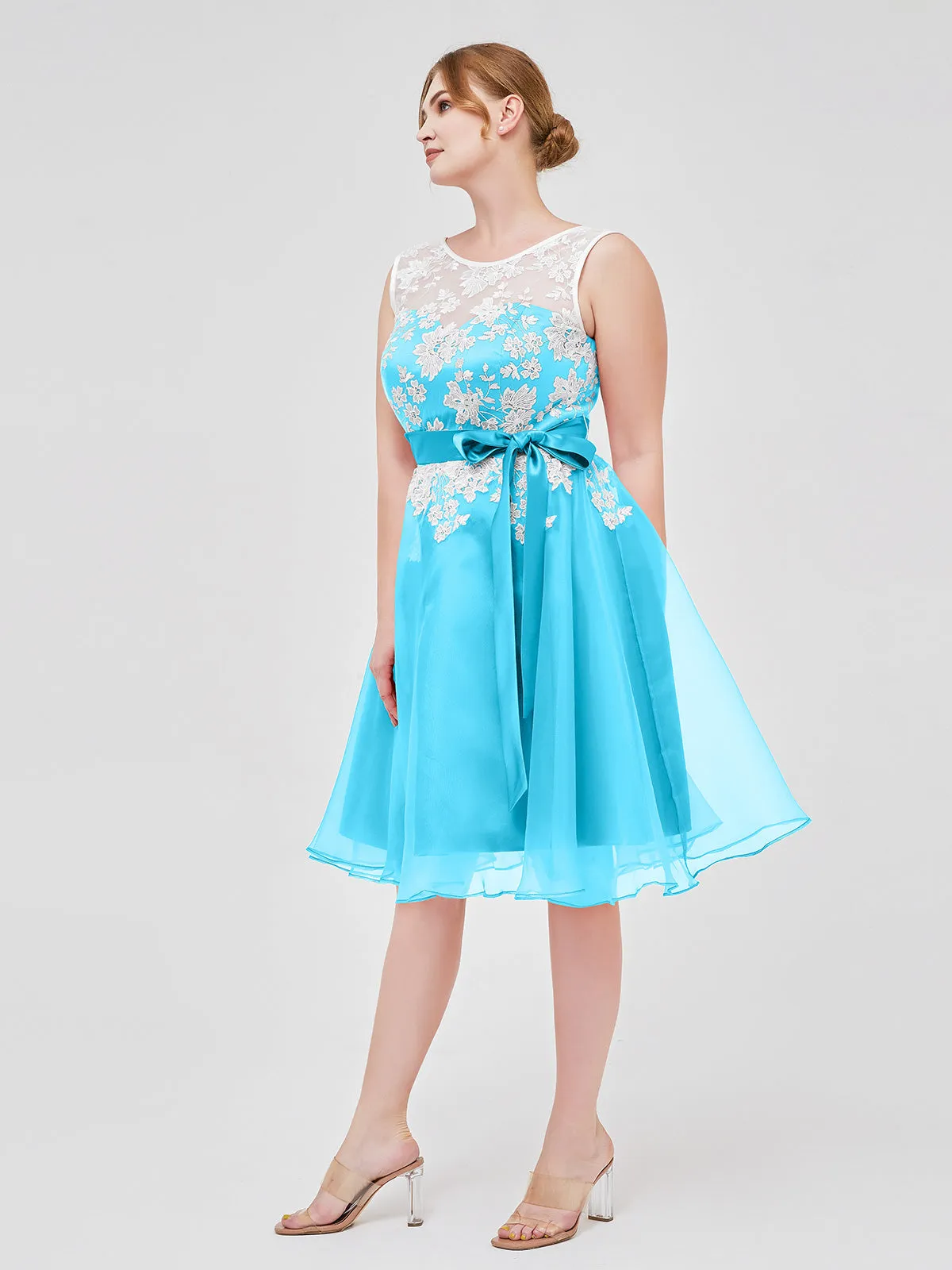 Illusion Neck Organza with Ivory Lace Appliqued Pool Plus Size
