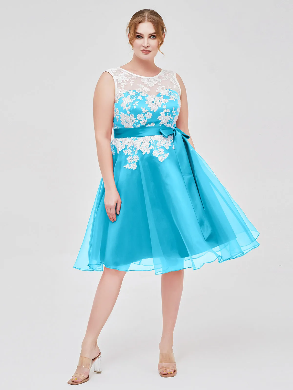 Illusion Neck Organza with Ivory Lace Appliqued Pool Plus Size