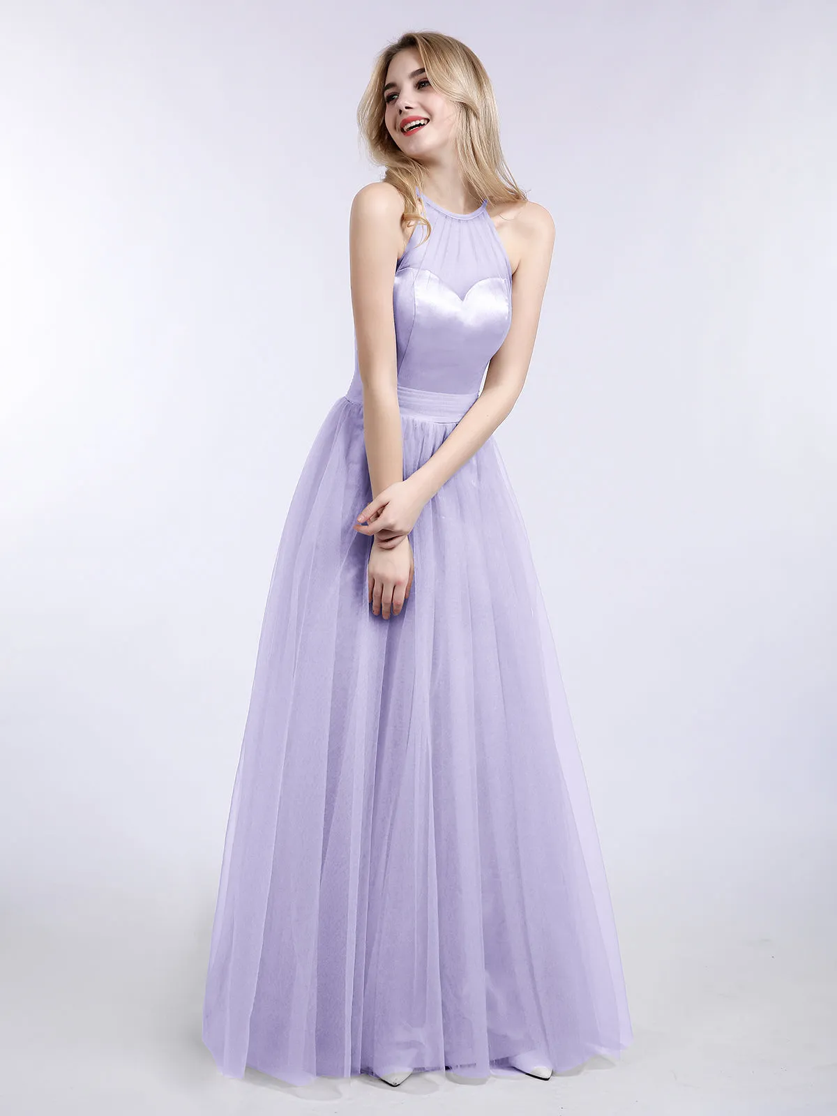 Illusion Neckline Long Tulle Dress-Lilac