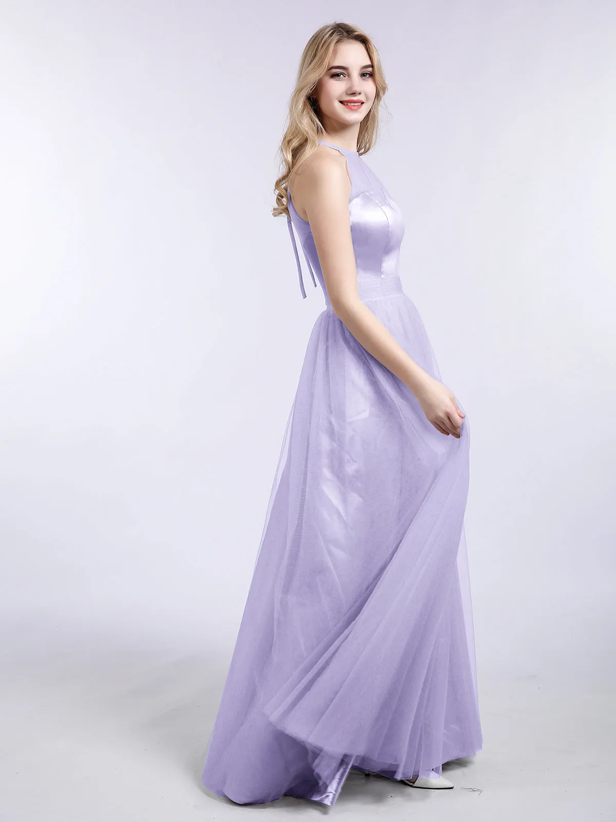 Illusion Neckline Long Tulle Dress-Lilac