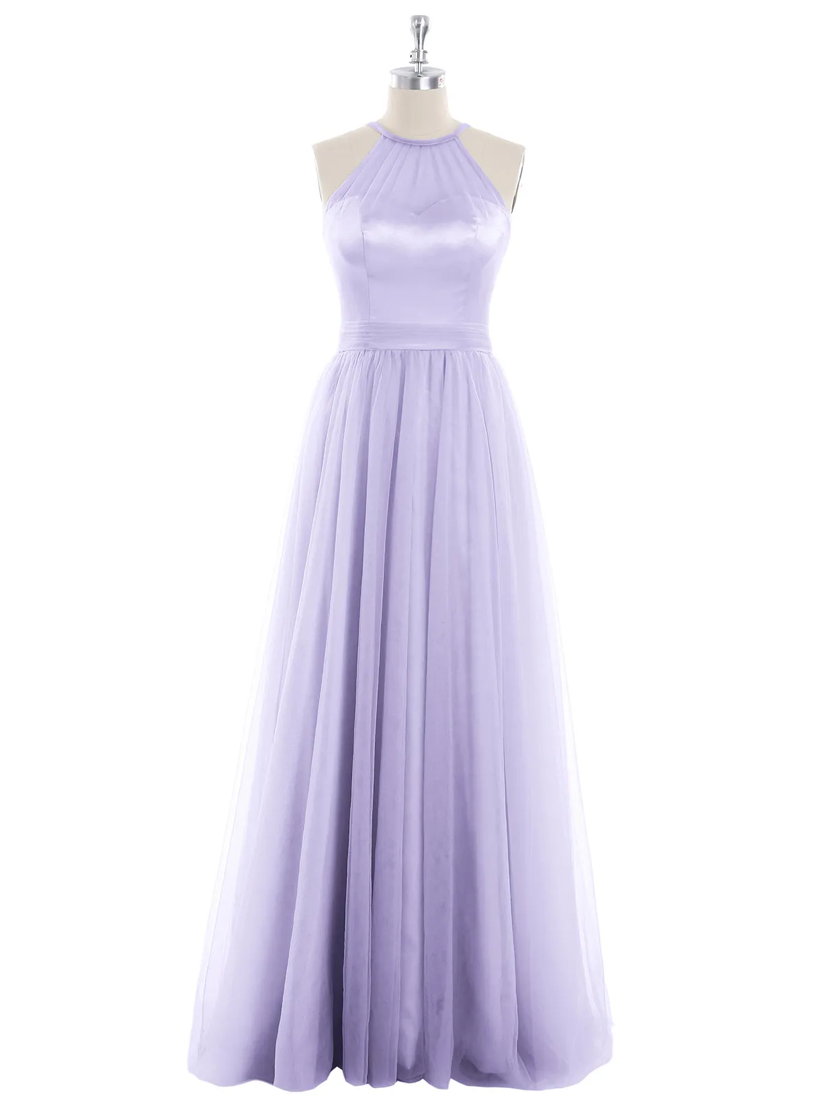Illusion Neckline Long Tulle Dress-Lilac