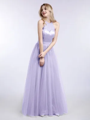 Illusion Neckline Long Tulle Dress-Lilac