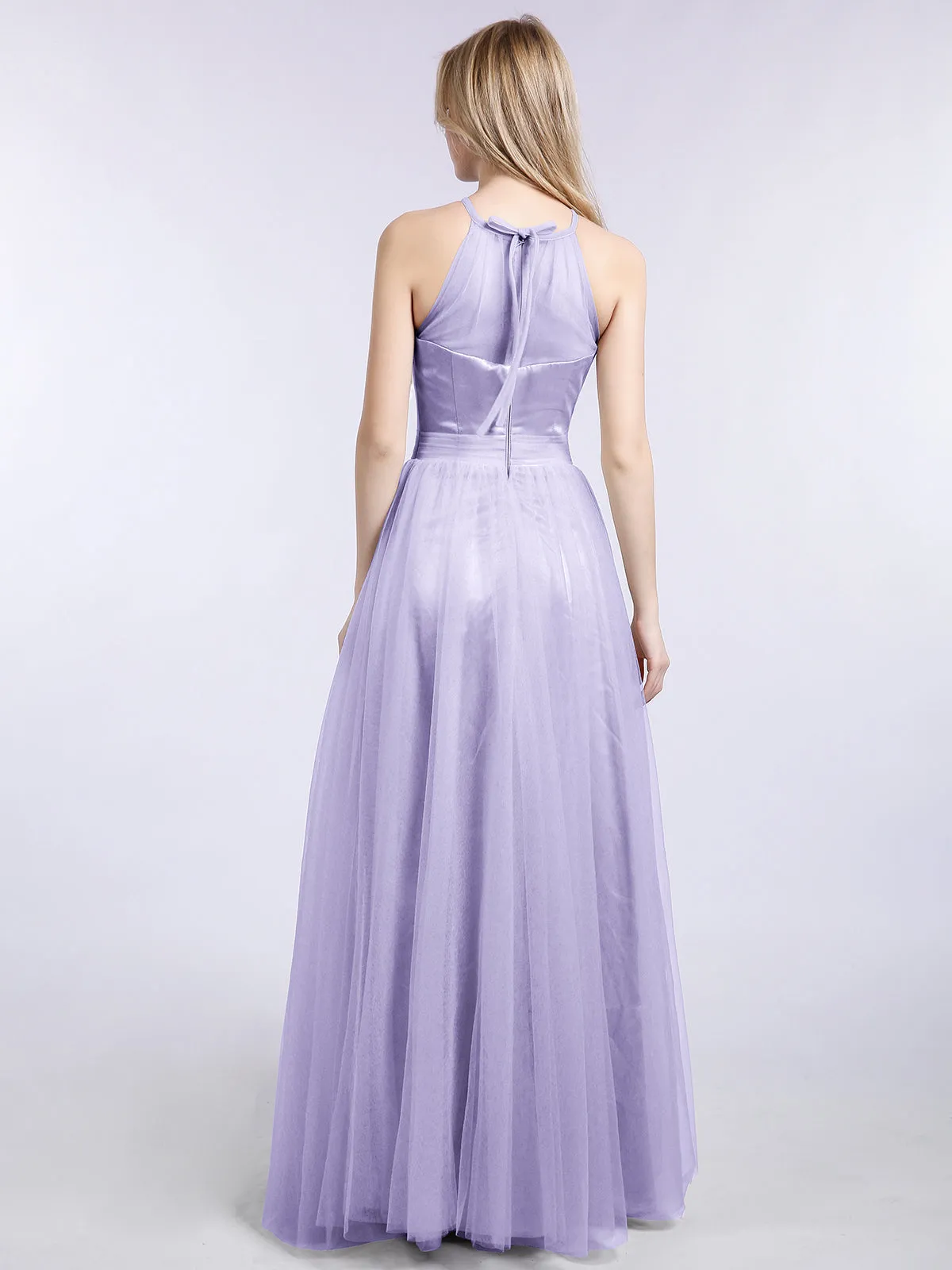 Illusion Neckline Long Tulle Dress-Lilac