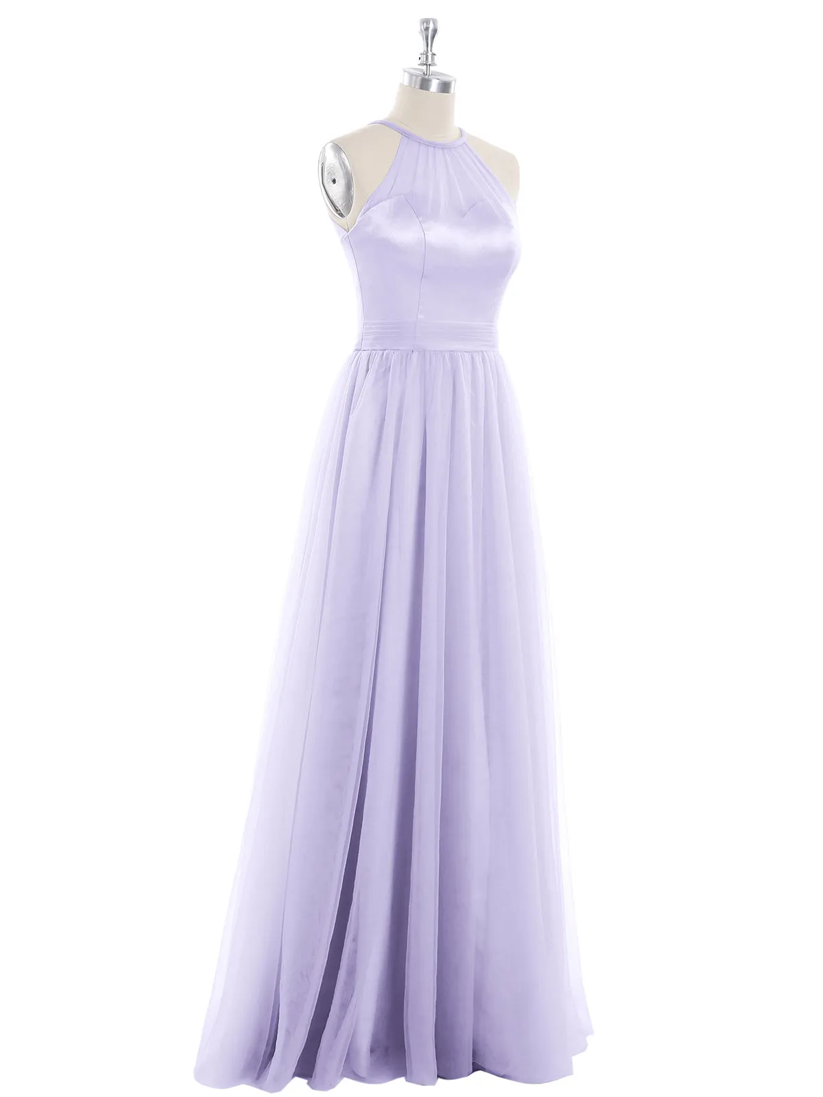Illusion Neckline Long Tulle Dress-Lilac