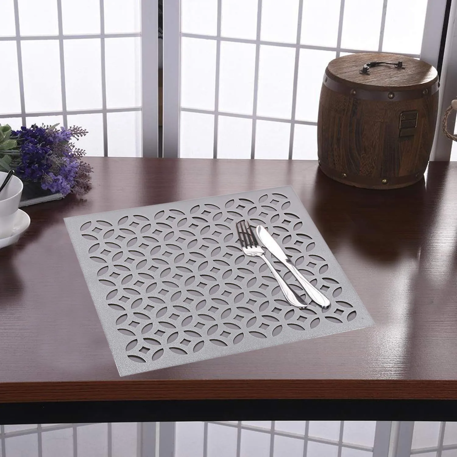 Kuber Industries PVC Soft Leather 6 Pieces Dining Table Placemat Set (Silver) -CTKTC29157