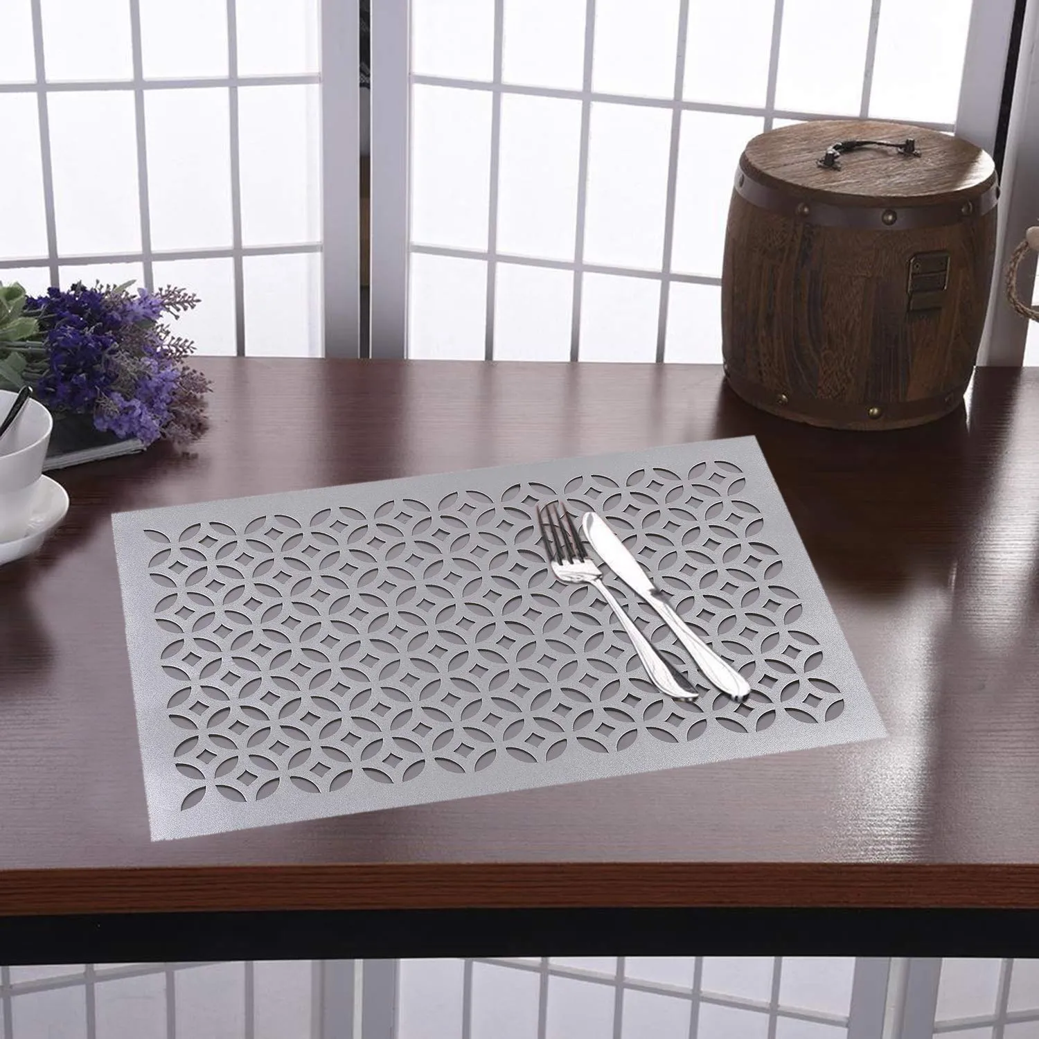 Kuber Industries PVC Soft leather 6 Pieces Dining Table Placemat Set (Silver) -CTLTC11343