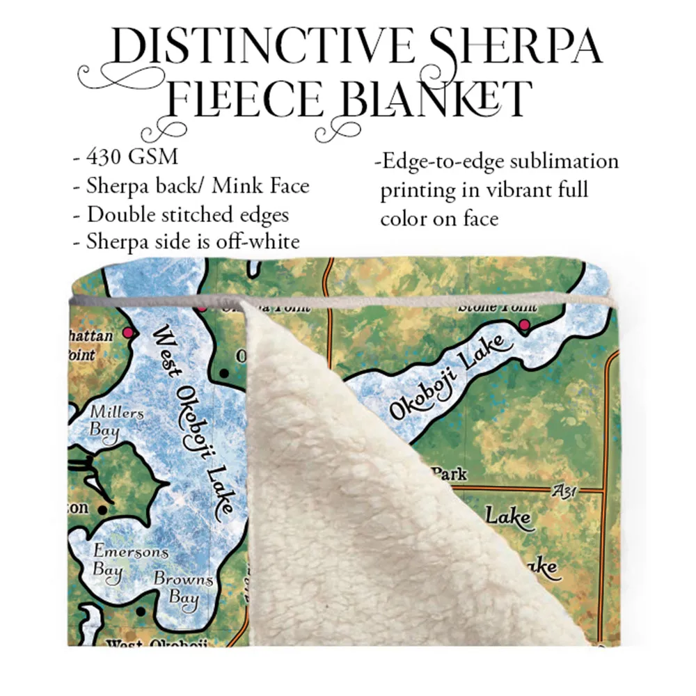 Lake Okoboji Iowa Map Art Sherpa Fleece Blanket Double Stitched Edges Cozy Luxury Fluffy Super Soft 430 GSM Polyester Throw Blanket