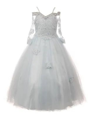 Little Girls Blue Off Shoulder Long Sleeve Rhinestone Pageant Dress 2-6