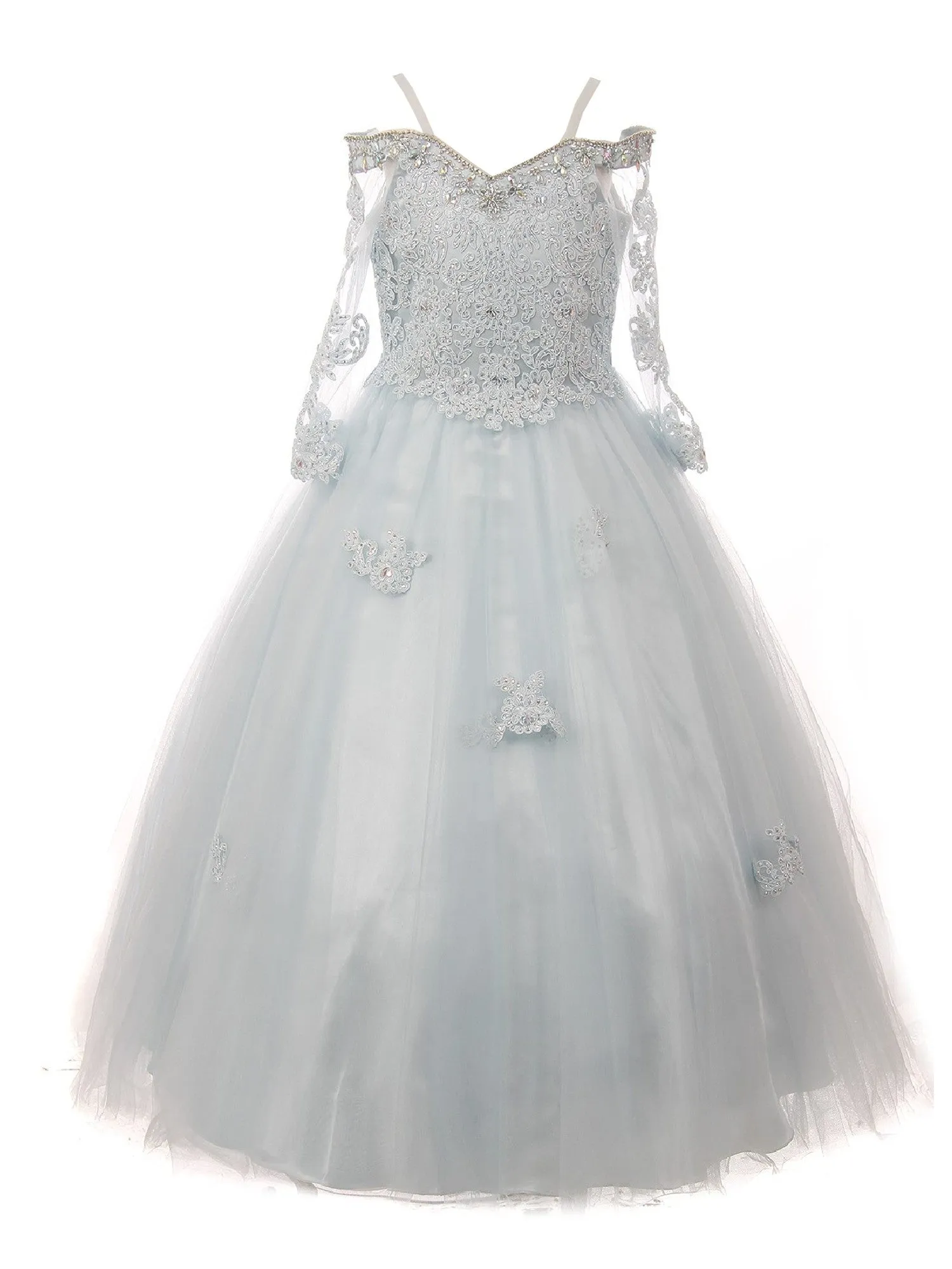 Little Girls Blue Off Shoulder Long Sleeve Rhinestone Pageant Dress 2-6