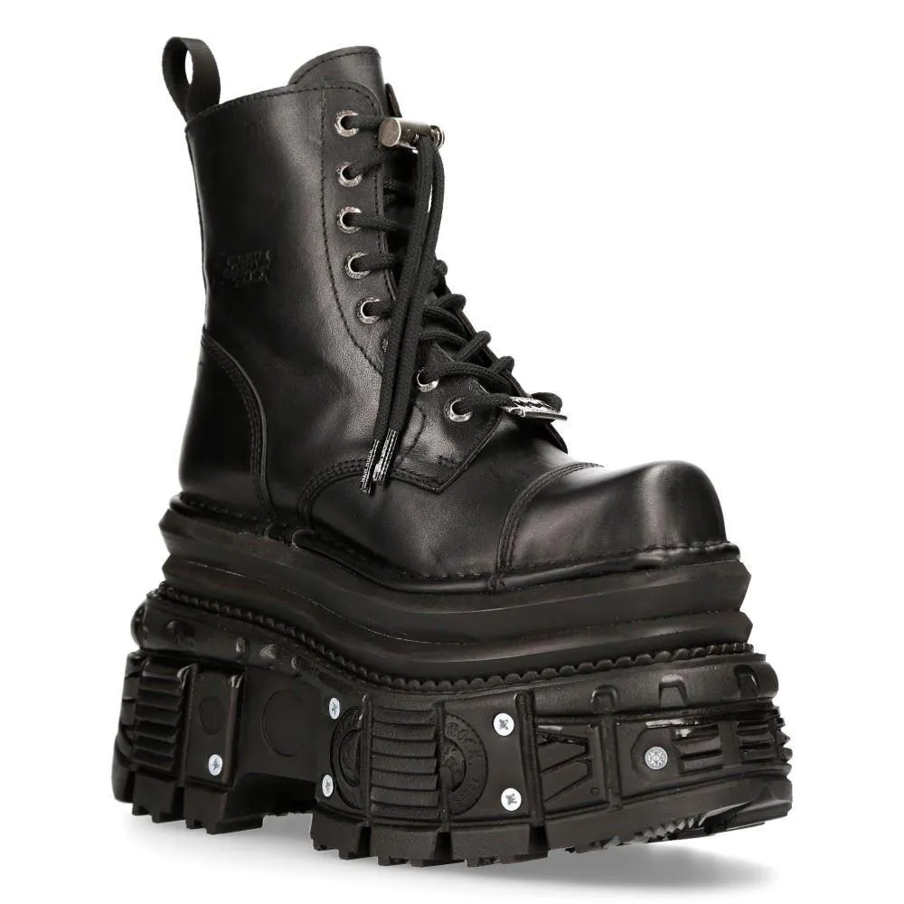 New Rock MILI083CCT-C4 Metallic Black Leather Military Boots Punk Goth Rock