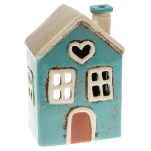 Village Pottery 15cm Teal Heart House Tealight Holder