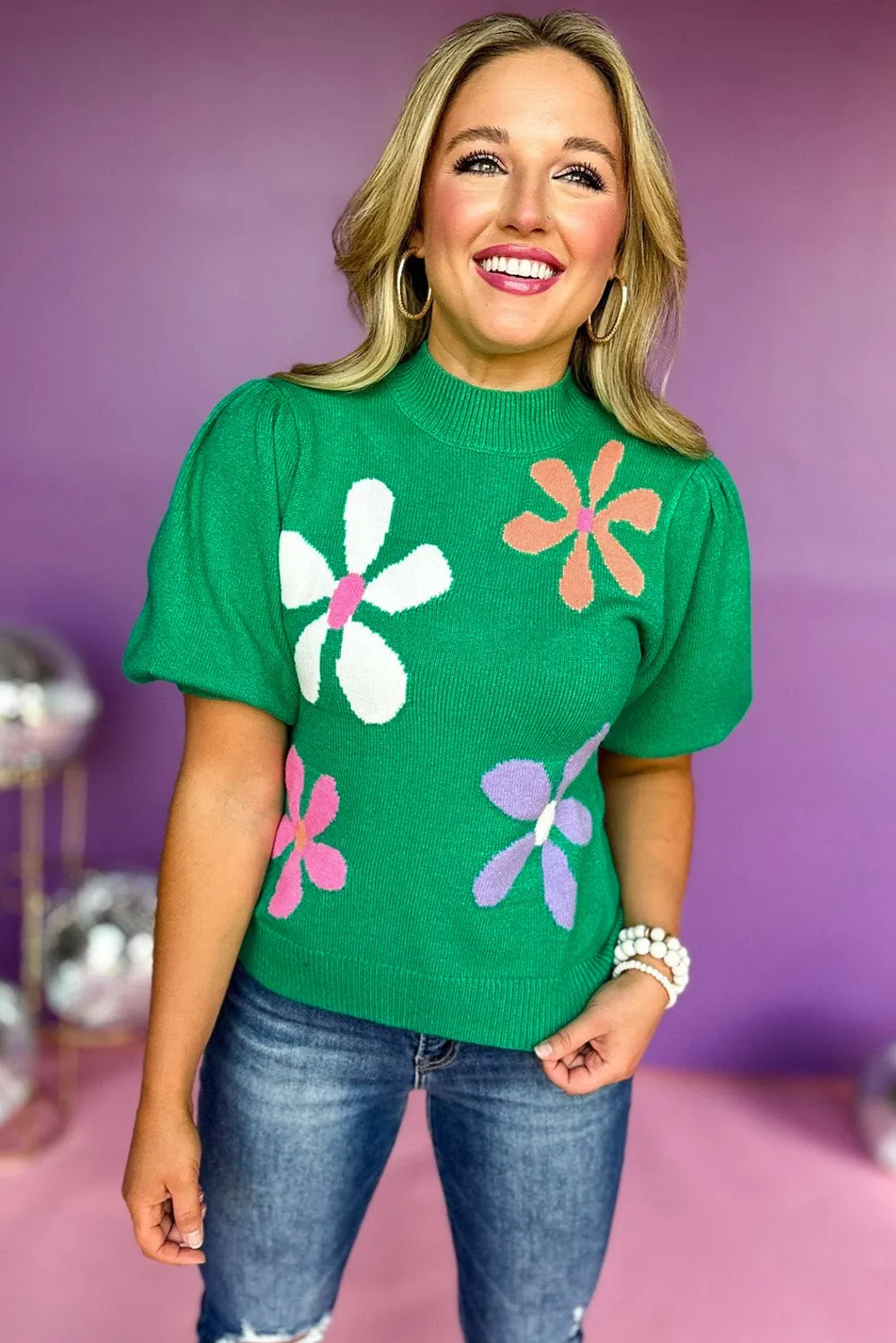 Women's Floral Bubble Short Sleeve Mock Neck Sweater
