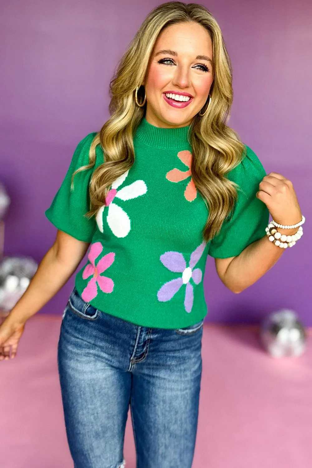 Women's Floral Bubble Short Sleeve Mock Neck Sweater