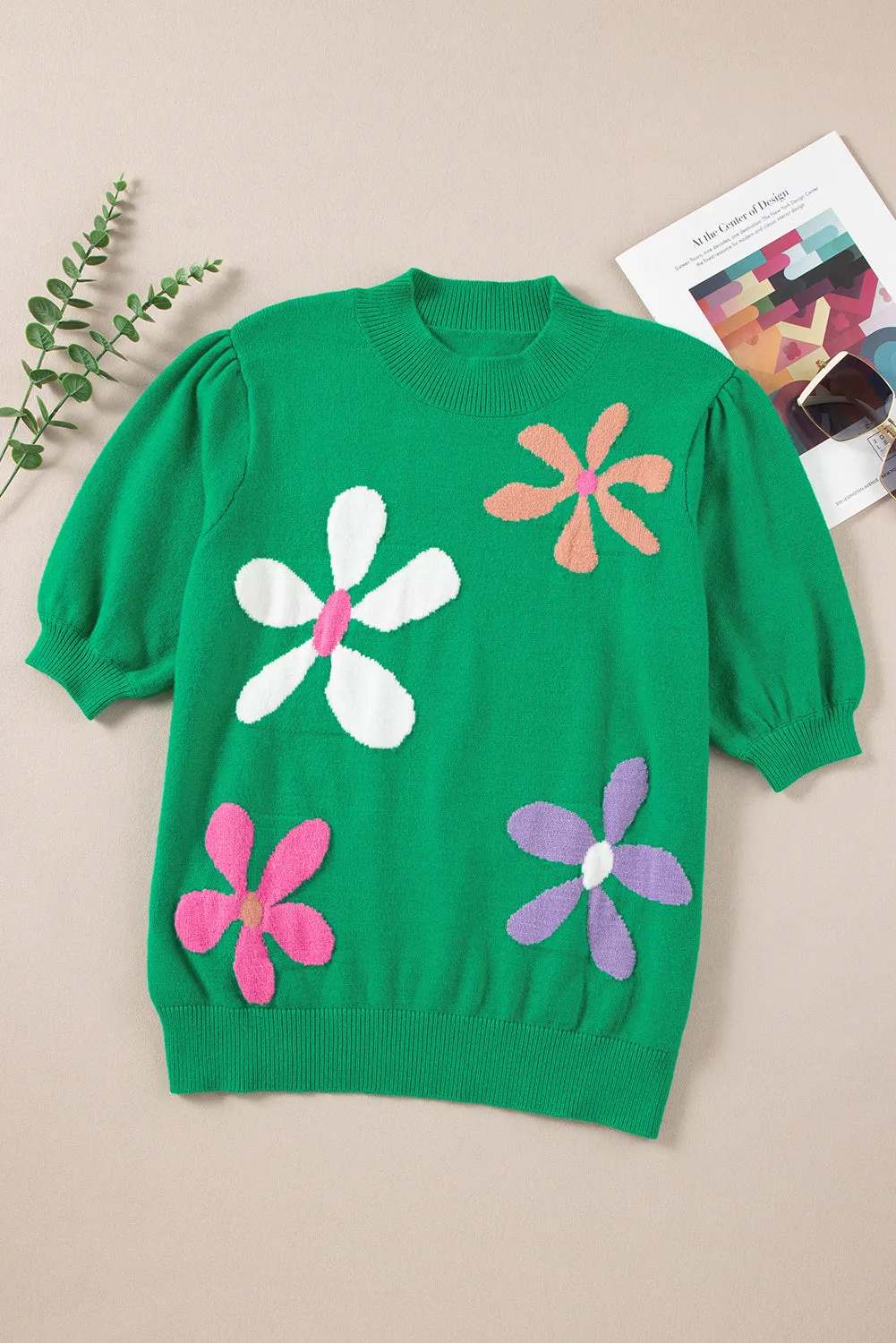 Women's Floral Bubble Short Sleeve Mock Neck Sweater