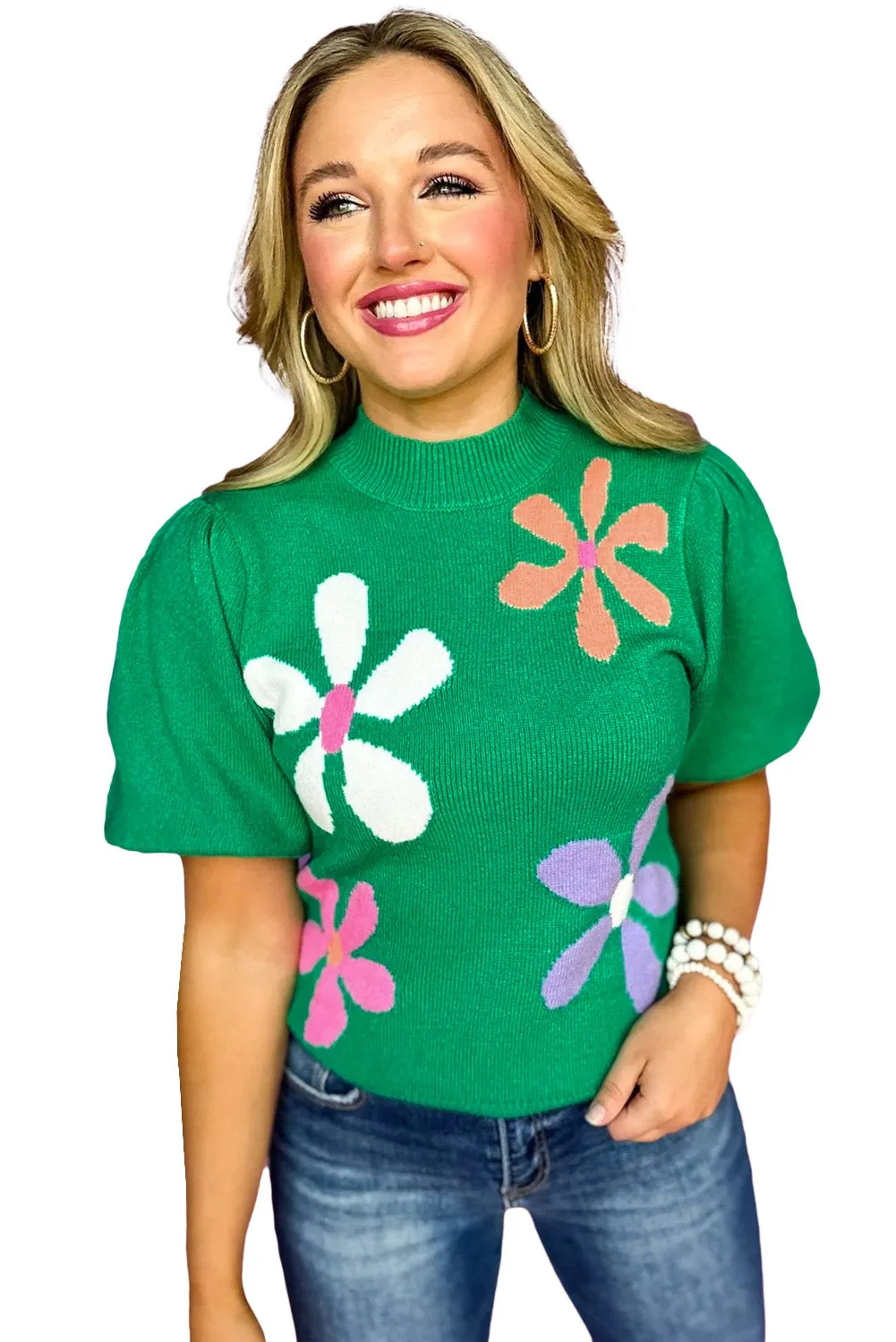Women's Floral Bubble Short Sleeve Mock Neck Sweater