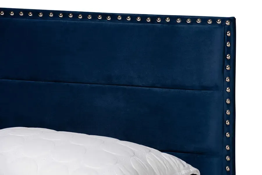 Yolanda Navy Blue Velvet Fabric Upholstered Panel Bed (Full)