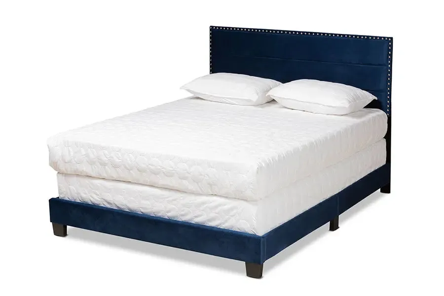 Yolanda Navy Blue Velvet Fabric Upholstered Panel Bed (Full)
