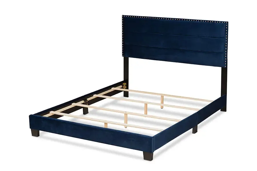 Yolanda Navy Blue Velvet Fabric Upholstered Panel Bed (Full)