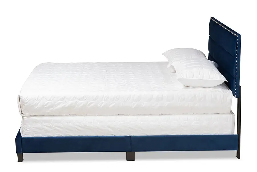 Yolanda Navy Blue Velvet Fabric Upholstered Panel Bed (Full)
